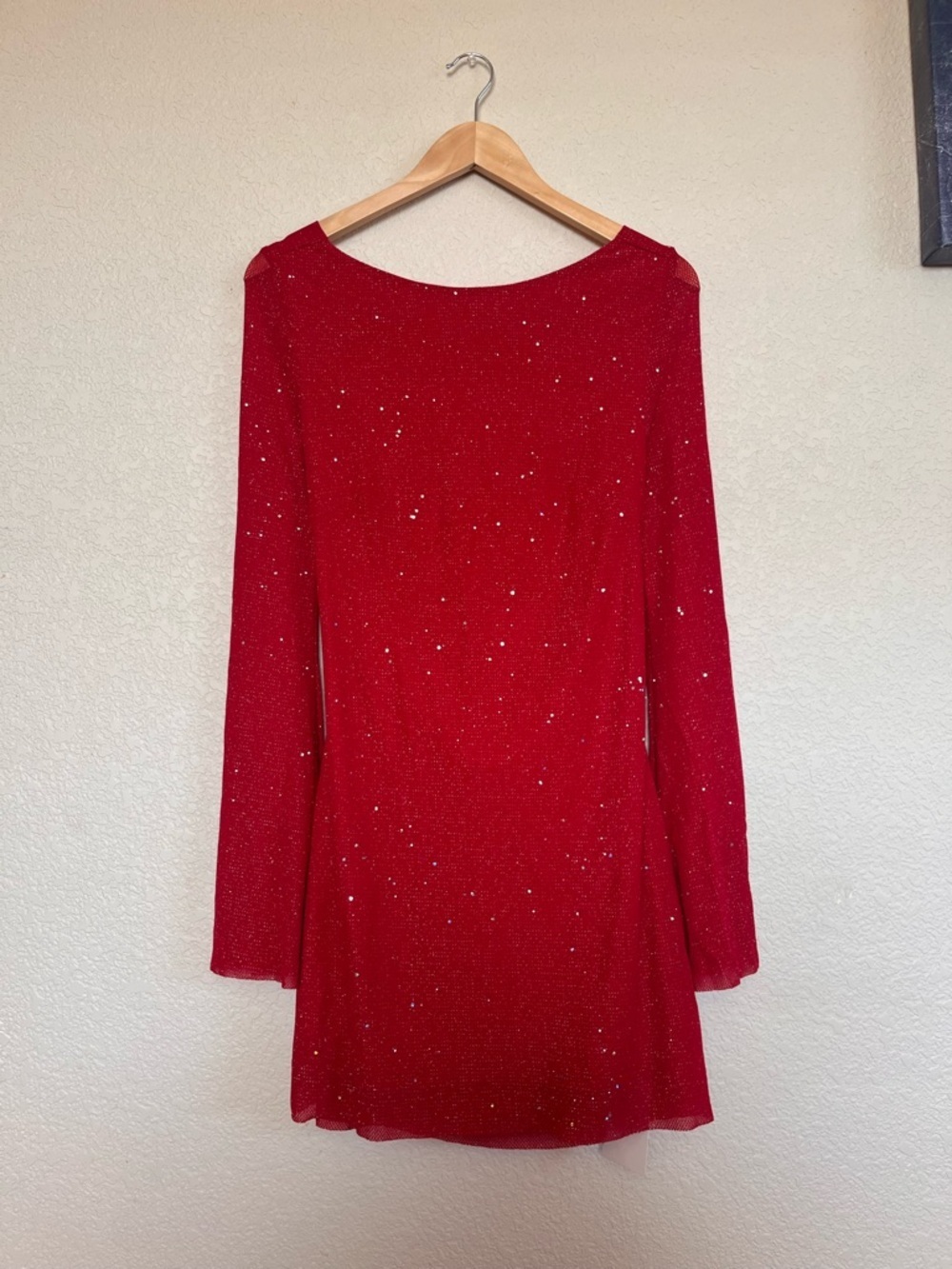 Women’s Sparkly Red Long-Sleeve Mini Dress with Open Back - Picture 3 of 12